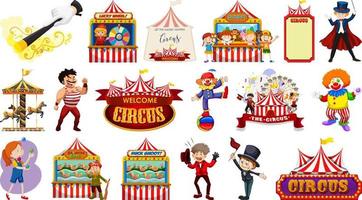 conjunto de personajes de circo y elementos del parque de atracciones. vector