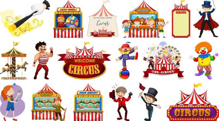 Set of circus characters and amusement park elements