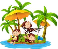Isolated island with little monkeys cartoon character vector