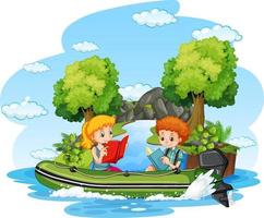 Isolated nature scene with children on inflatable boat vector