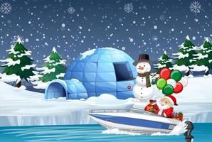 Snowy night with cute elf delivering gifts by speedboat vector