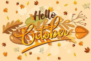 Hello October logo with ornamental autumn leaf vector