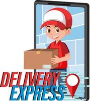 Delivery Express wordmark with courier on smartphone display vector