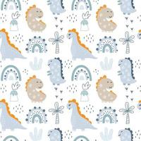 Vector childish seamless pattern with hand drawn dino in scandinavian style baby boy. Creative kids background for fabric, textile