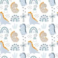 Vector childish seamless pattern with hand drawn dino in scandinavian style baby boy. Creative kids background for fabric, textile