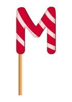 Letter M from striped red and white lollipops. Festive font or decoration for holiday or party. Vector flat illustration