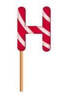 Letter H from striped red and white lollipops. Festive font or decoration for holiday or party. Vector flat illustration