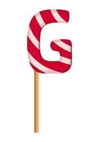 Letter G from striped red and white lollipops. Festive font or decoration for holiday or party. Vector flat illustration