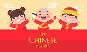 Chinese children wearing red national costumes Celebrate Chinese New Year vector