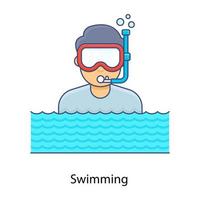 hombre con máscara de buceo nadando en la piscina, icono en diseño de contorno plano. vector