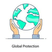 globo en las manos, icono de contorno plano de protección global vector