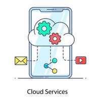 icono de contorno plano de servicios en la nube, aplicación de alojamiento web vector