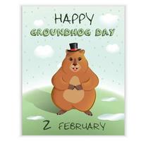 Happy Groundhog Day - spring holiday.February 2nd. Greeting card, rain, puddles, groundhog shadow. Marmot in a bowler hat. Vector graphics.