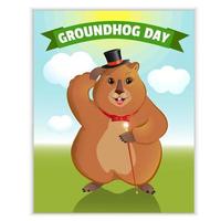 Happy Groundhog Day - a spring holiday. February 2nd. Greeting card, sun, herbs, shadow of a groundhog. Marmot with a cane, in a cauldron. Vector graphics.