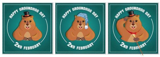 Happy Groundhog Day is a spring holiday. February 2nd. Set of square banners. Marmot with a cane, in a bowler hat, in a nightcap and slippers. Vector graphics.