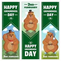 Happy Groundhog Day is a spring holiday. February 2nd. Set of vertical banners. Marmot with a cane, in a bowler hat, in a nightcap and slippers. Vector graphics.