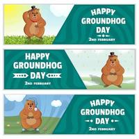 Happy Groundhog Day is a spring holiday. February 2nd. Set of horizontal banners. Marmot with a cane, in a bowler hat, in a nightcap and slippers. Vector graphics.