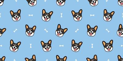 Cute tricolor welsh corgi dog smiling cartoon seamless pattern, vector illustration