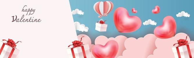 Valentine's day concept background. Vector illustration. 3d red and pink paper  realistic hearts cover  greeting in papercut realistic style. Paper clouds, flying banner.