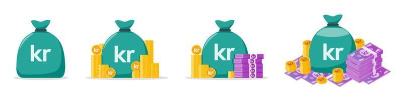 conjunto de iconos de bolsa de dinero de corona noruega vector