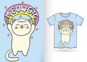 lindo gato dibujado a mano y arcoiris para camiseta vector