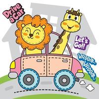 Cute animals driving car illustration for t shirt.eps vector