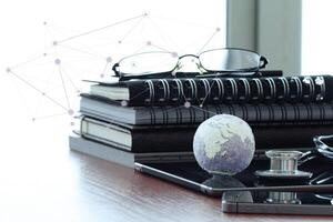 hand drawn texture globe with blank social media diagram on digital tablet computer as internet concept and bokeh exposure Elements of this image furnished by NASA photo