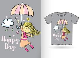 linda niña dibujada a mano para camiseta vector