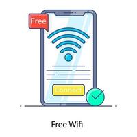 Free wifi flat outline concept icon, mobile phone showing wifi signals vector