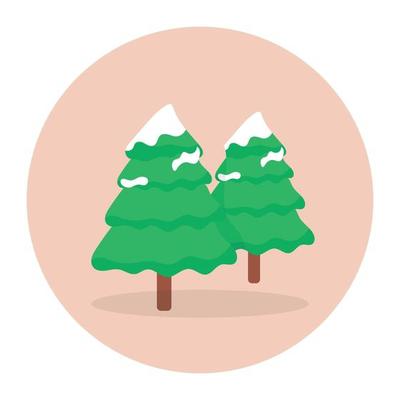 Snow covered pine trees depicting winter season in flat icon