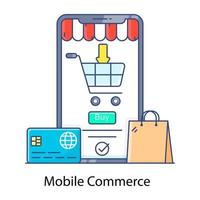 Flat outline icon of mobile commerce, online shopping app vector