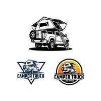 set of RV, pick up camper truck with roof tent logo vector