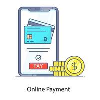 Smartphone money denoting online payment in flat outline vector