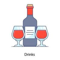 Wine bottle with glasses, flat outline icon of drinks vector