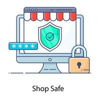 Secure ecommerce, flat outline vector of shop safe