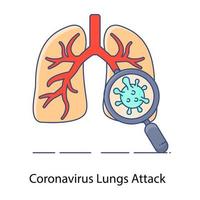 Infected coronavirus lungs attack, pneumonia, flat outline concept icon