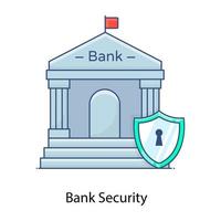 Bank building with shield, flat outline design of bank security icon vector