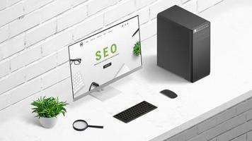 Search engine optimization concept with company website on computer display. Office desk, isometric position photo