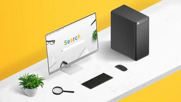Online search concept with browser and search engine on computer display. Isometric position work desk with yellow background photo