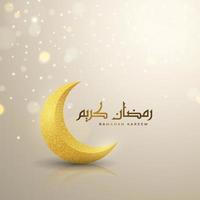 hermoso diseño de fondo ramadan kareem con luna creciente dorada y partículas brillantes. ilustración de una tarjeta de felicitación islámica 3d realista en el suelo. ramadan kareem en texto de caligrafía árabe. vector