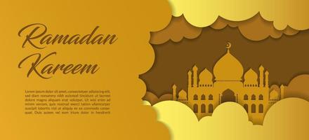 Ramadan Kareem greeting background. Ramadan greeting cards in a paper cut style with clouds and mosque. Golden Islamic greeting card. vector