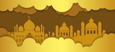 Ramadan Kareem greeting background. Ramadan greeting cards in a paper cut style with clouds and mosque. Golden Islamic greeting card. vector