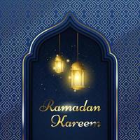 Elegant Ramadan Kareem background design. Beautiful Islamic greeting card with glitter gold particles. Luxury 3D background design with Arabic lanterns and golden Arabesque pattern on dark background vector