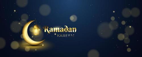 Ramadan Kareem celebration party. Beautiful Islamic greeting card with glitter gold particles. Luxury 3D background design with Arabic lantern and glowing crescent moon on dark background vector