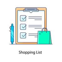 icono plano de lista de compras, papel portapapeles con lápiz y bolso vector