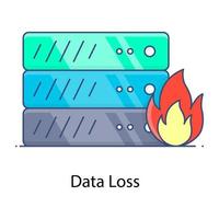 Server rack with fire flame, data loss icon vector