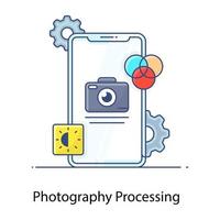 icono de contorno plano de procesamiento de fotografía, aplicación móvil vector