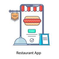 icono de contorno plano de la aplicación de restaurante, pedido en línea vector