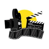 vintage camera, film slate or clapper and film strip or film roll suitable for movie equipment illustration vector