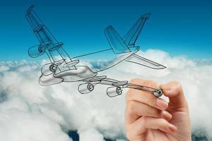 hand drawing airplane on blue sky background